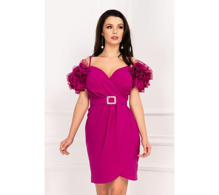 Rochie de ocazie fucsia eleganta petrecuta cu volane ample la maneca