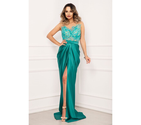 Rochie de seara de lux eleganta tip sirena turquoise cu flori 3D si fronseuri