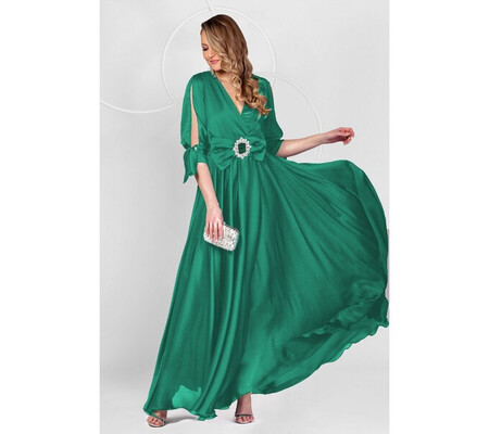 Rochie de seara lunga Pretty Girl eleganta verde cu cordon tip funda