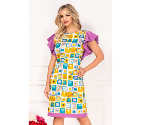 Rochie de zi InPuff cu imprimeu geometric tip pictura si volanase lila