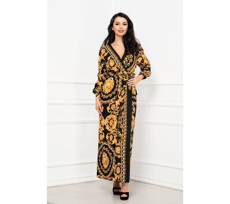 Rochie de zi lunga neagra petrecuta cu imprimeu golden