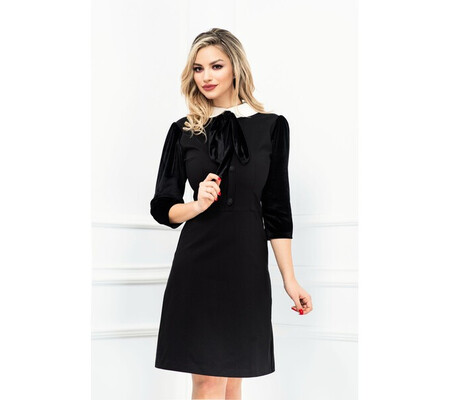 Rochie de zi neagra cu guler alb si maneci din catifea