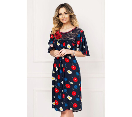 Rochie de zi Venezia bleumarin cu print floral si broderie 3D