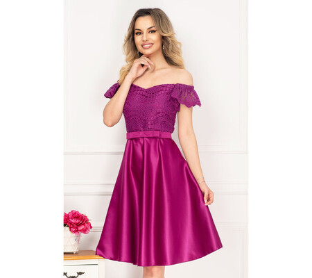 Rochie eleganta InPuff de ocazie magenta cu broderie aplicata si funda