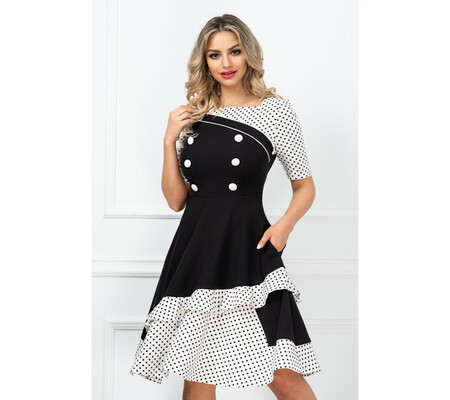 Rochie eleganta InPuff de zi neagra in clos cu insertii cu buline