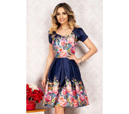 Rochie eleganta InPuff din tafta bleumarin in clos cu imprimeu floral