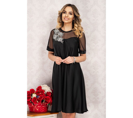 Rochie eleganta lejera Malina neagra cu floare brodata aplicata