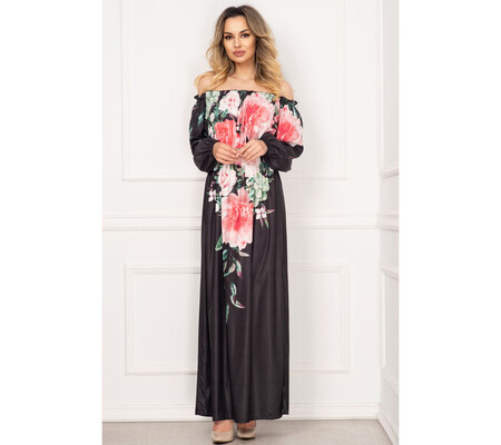 Rochie eleganta lunga neagra din voal satinat cu imprimeu floral