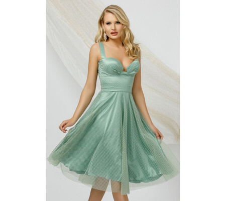 Rochie eleganta mint din tulle Pretty Girl cu buline si bust tip corset