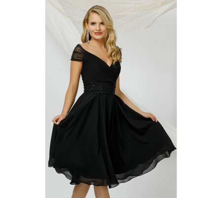 Rochie eleganta Pretty Girl neagra din voal cu detalii din tulle si paiete