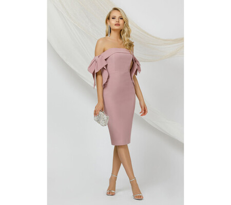 Rochie eleganta Pretty Girl rose cu umerii goi si funde maxi