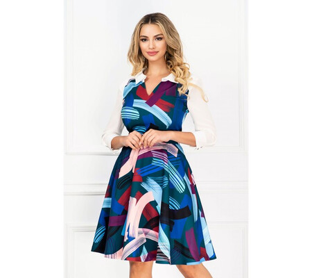 Rochie InPuff de zi in clos cu print multicolor si maneci din voal