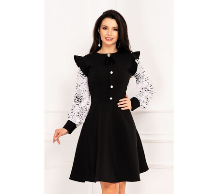 Rochie InPuff neagra in clos cu volane la umeri si maneci cu print buline