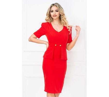 Rochie InPuff office conica rosie cu peplum in talie si nasturi aurii