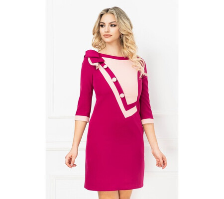 Rochie MBG fucsia cu funda stilizata pe umar si insertie geometrica