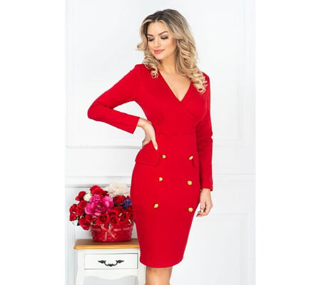 Rochie MBG office rosie conica din jerse cu nasturi aurii decorativi