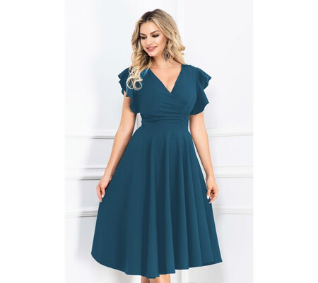 Rochie midi de zi Zoya in clos turquoise cu volane la umeri By InPuff