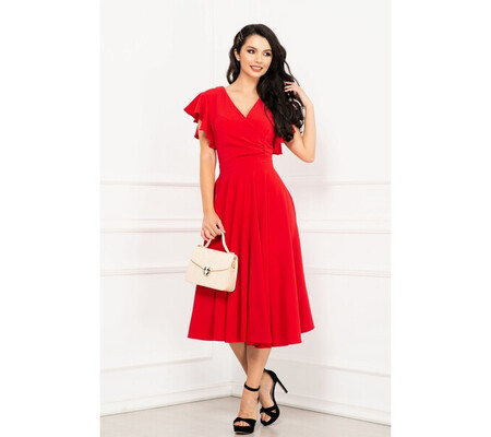 Rochie midi de zi Zoya rosie in clos cu volane la umeri By InPuff