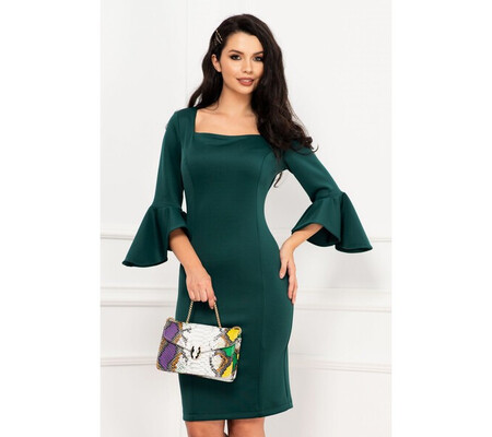 Rochie office conica Malena verde cu maneci tip clopot