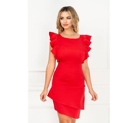 Rochie rosie eleganta InPuff cu spatele gol si fronseuri