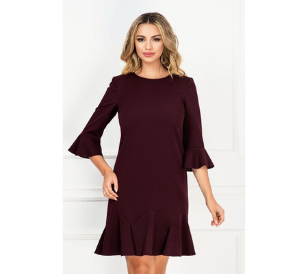 Rochie Xara office burgundy texturata cu volan la terminatie si maneca