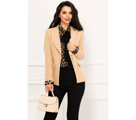 Sacou office bej elegant cu mansete si detalii animal print