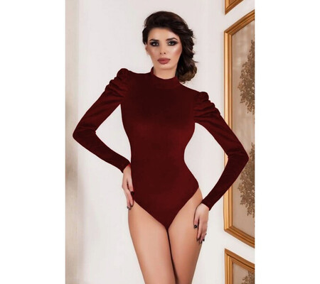 Body bordo elegant din catifea cu fronseuri la umeri