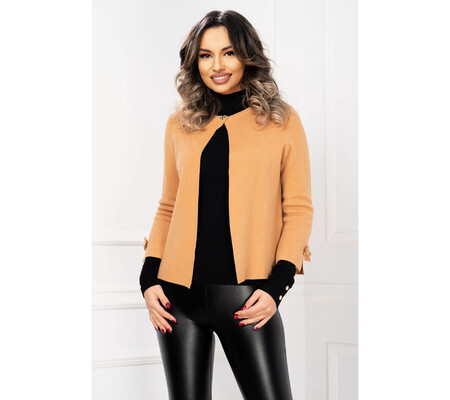 Bolero elegant camel din tricot cu maneci evazate si fundita