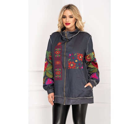 Jacheta casual Venezia gri din bumbac cu broderie florala