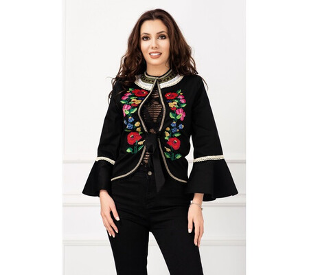 Jacheta Venezia neagra traditionala cu maneca tip clopot si broderie