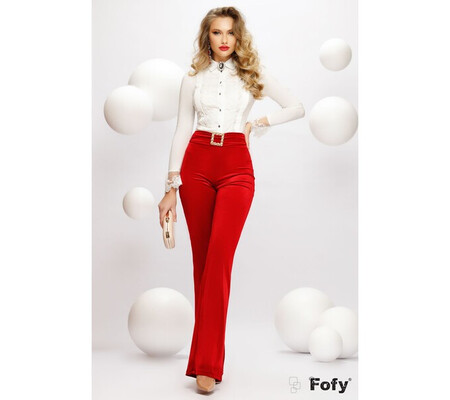 Pantaloni dama eleganti Fofy rosii din catifea cu catarama cu cristale