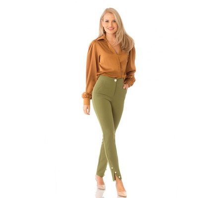 Pantaloni Pretty Girl office kaki cu nasturi tip perla aurii