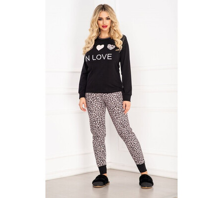 Pijama dama neagra din bumbac cu imprimeu leopard