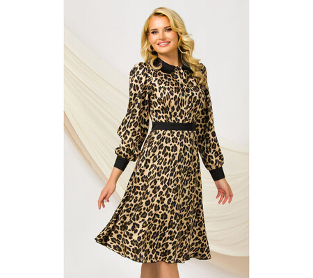 Rochie dama eleganta Pretty Girl leopard in clos cu guler in contrast