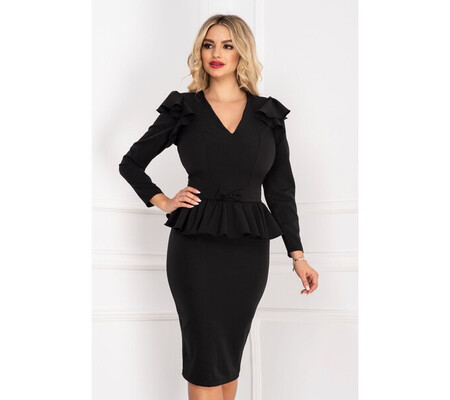 Rochie de ocazie eleganta conica neagra cu peplum si funda in talie