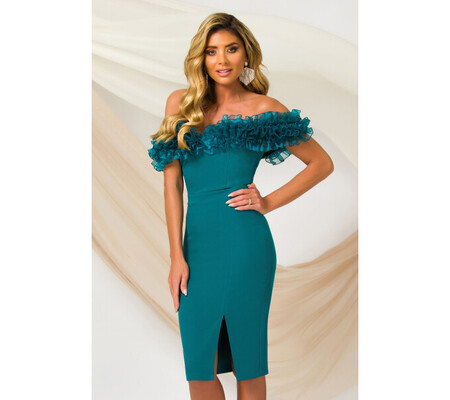 Rochie de ocazie Pretty Girl eleganta turquoise cu umeri goi si volane