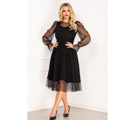 Rochie InPuff eleganta de ocazie neagra acoperita de tulle cu buline