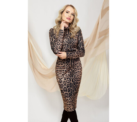Rochie Pretty Girl cambrata maro din tricot cu imprimeu leopard