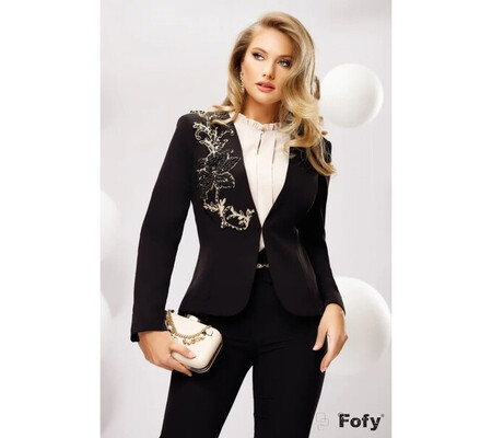 Sacou Fofy office dama elegant negru cu aplicatie pretioasa