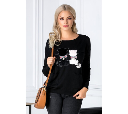 Bluza Kitty neagra cu pisicute si buzunare