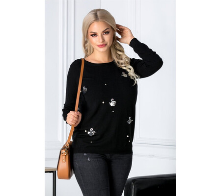 Bluza Swan neagra cu lebede din paiete si perlute