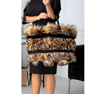 Geanta Kitty maxi cu insertii dungi negre si animal print maro leopard