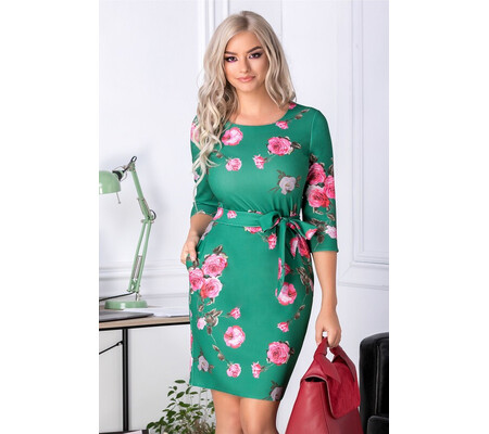 Rochie Angela verde cu trandafiri roz