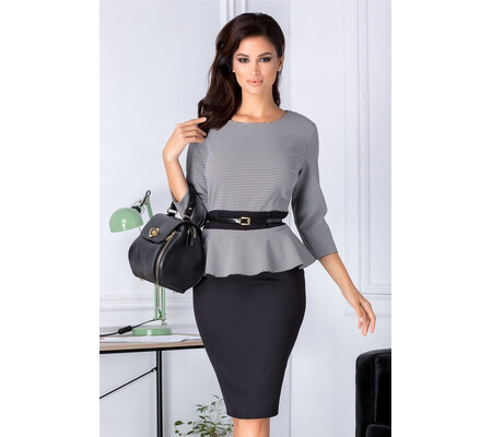 Rochie Ania neagra cu imprimeu alb si peplum