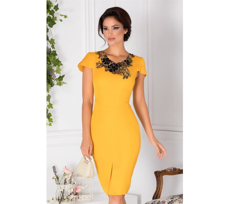 Rochie Astrid midi galbena cu broderie din paiete