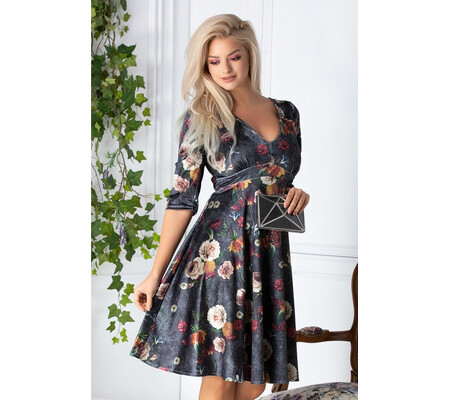 Rochie Becca gri clos cu imprimeuri florale