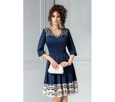 Rochie Bella bleumarin cu broderie alba