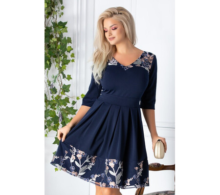 Rochie Bella bleumarin cu broderie bej