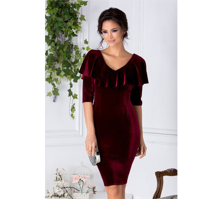 Rochie Daria bordo din catifea cu volane