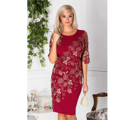 Rochie Dariana de ocazie bordo cu broderie aurie